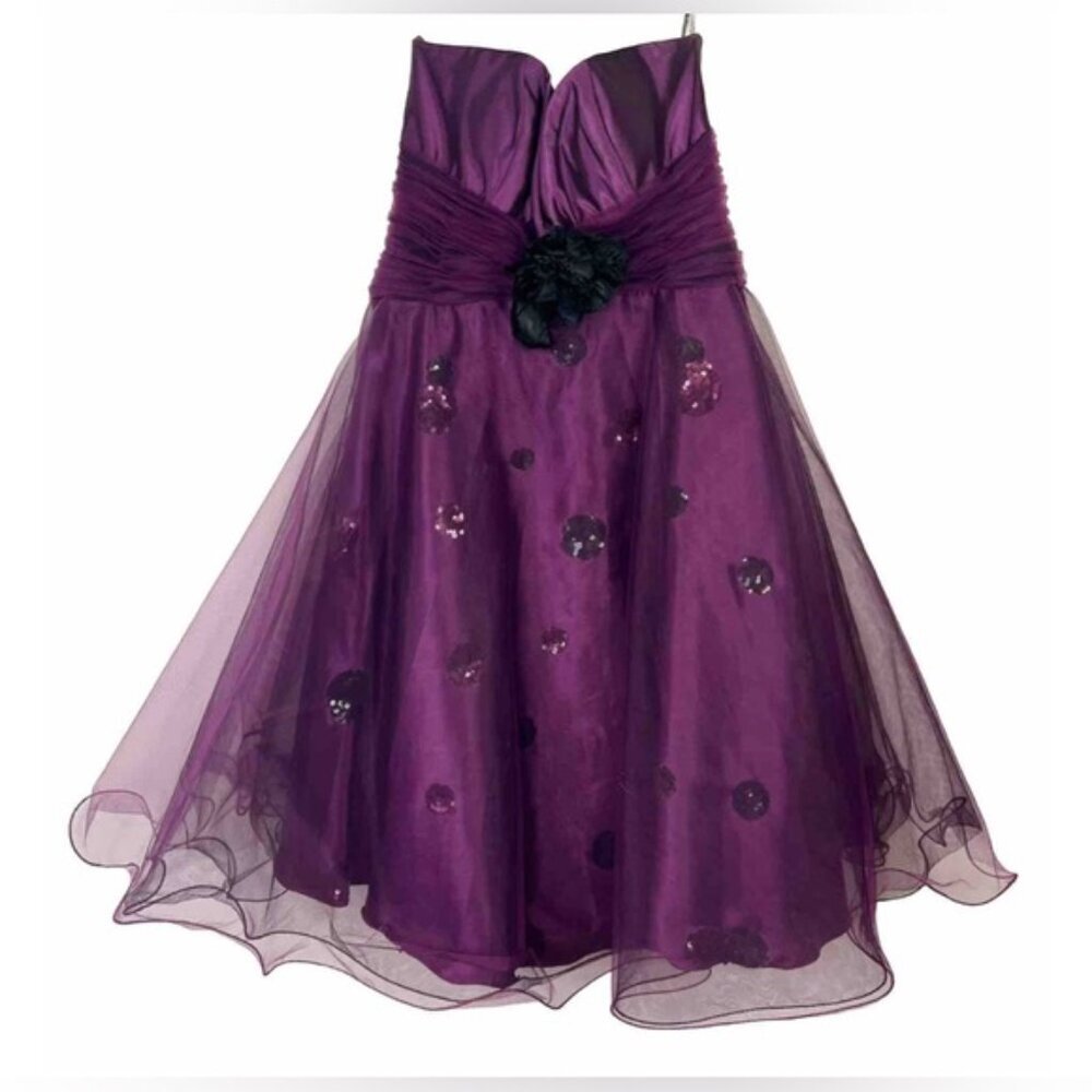 NWT SHERRI HILL Plum Colored Beads/Sequins Short Tulle Skirt Sweetheart Dress 4